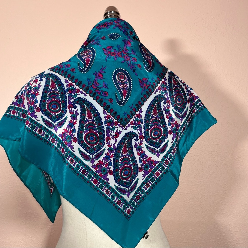 Vintage 1990 Teal Maximalism southwestern Paisley oversized Square Scarf
